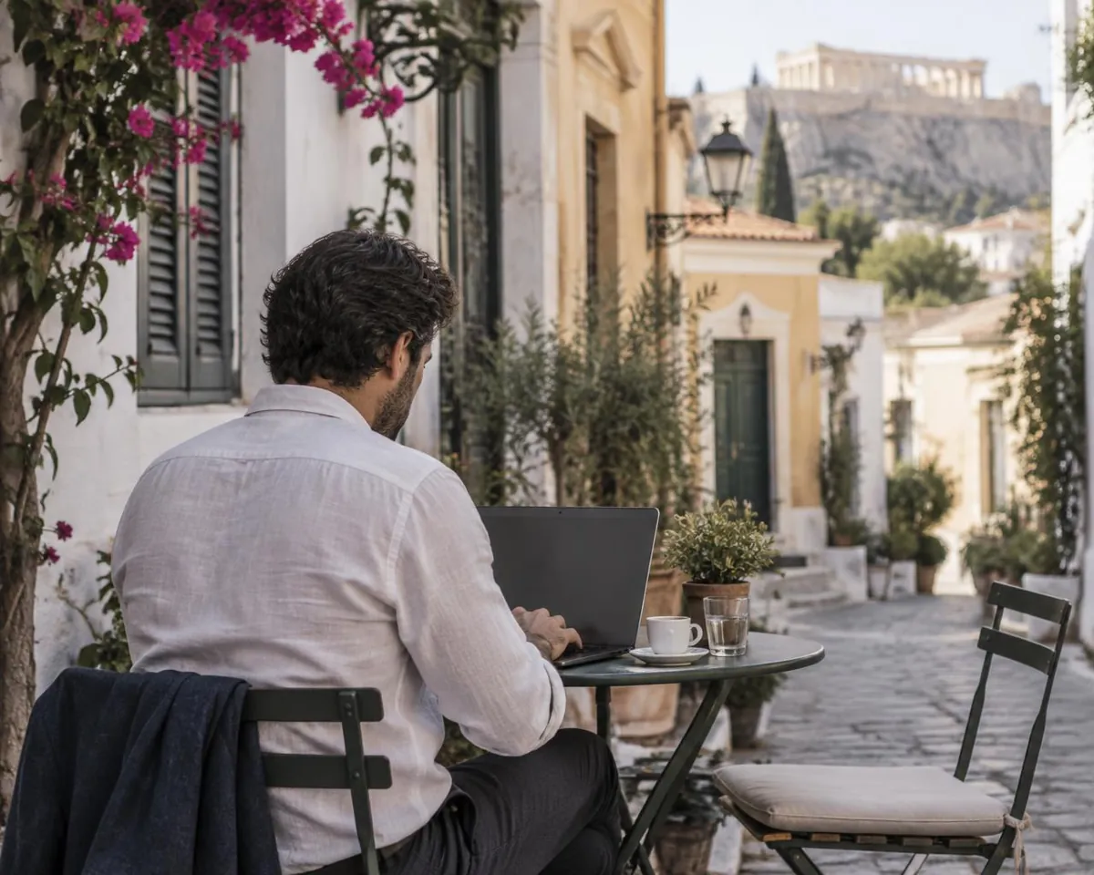 Δικηγόρος εργάζεται σε φορητό υπολογιστή σε τραπέζι καφέ σε ήσυχο δρόμο της Αθήνας