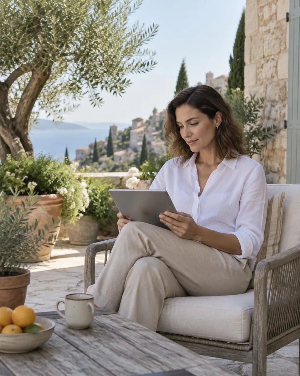 Επαγγελματίας διαβάζει σε tablet σε ηλιόλουστη μεσογειακή βεράντα